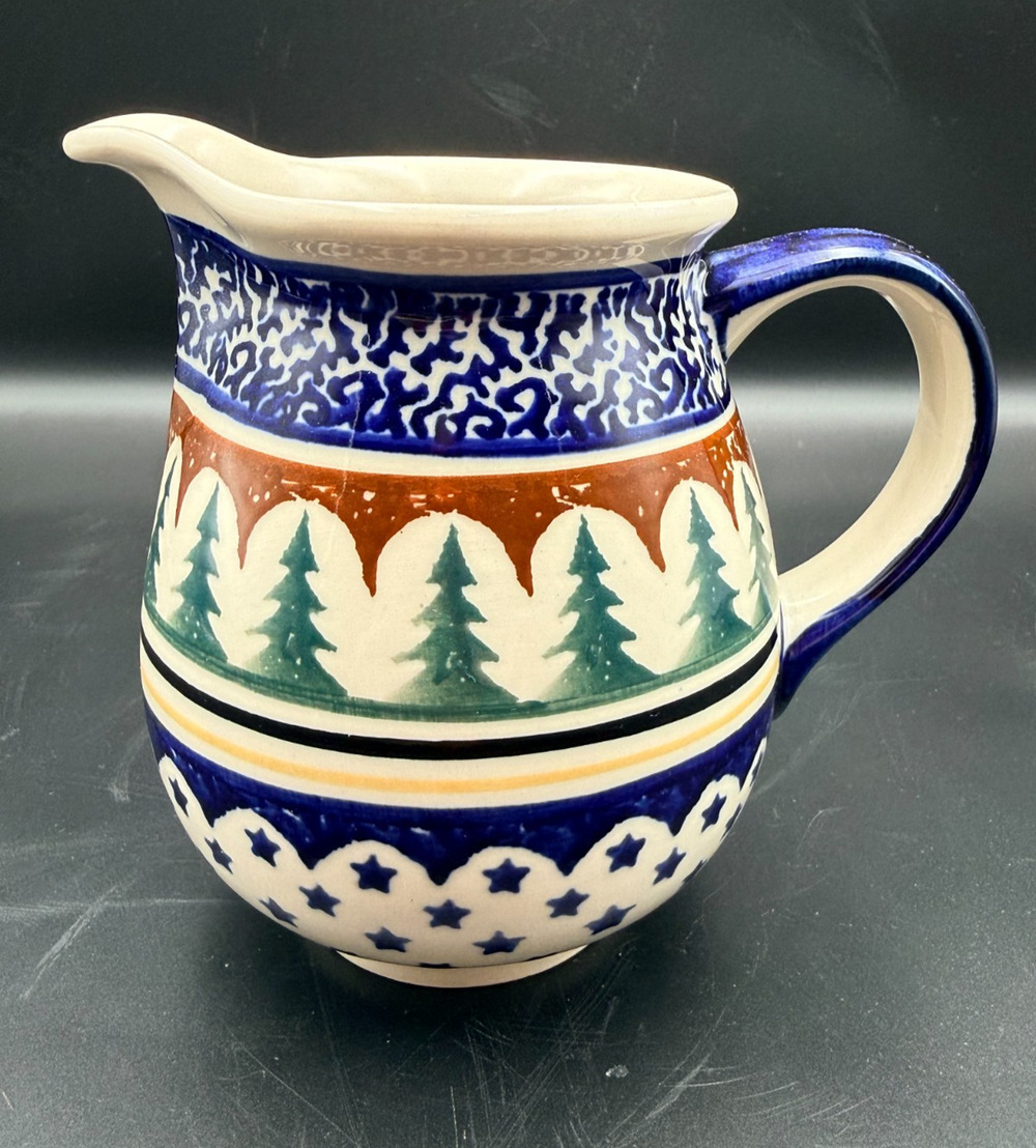 Boleslawiec Polish Pottery Christmas Pine Trees Stars Evergreen Small Pitcher